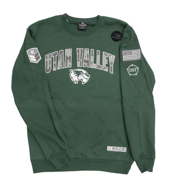 green crew with “Utah Valley” block letters with grey camo pattern inside and a mascot logo underneath, a USA flag patch in grey on the left sleeve above an OHT logo